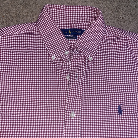 Ralph Lauren Check Gingham Slim Fit Oxford Shirt Button Down Red White Medium - Picture 4 of 10